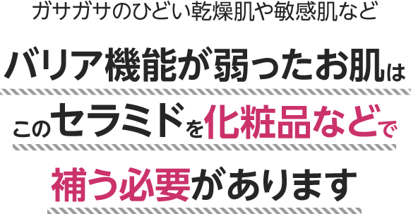 ガサガサのひどい乾燥肌や敏感肌などバリア機能が弱ったお肌はこのセラミドを化粧品などで補う必要があります