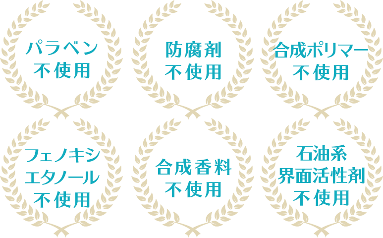 パラベン不使用 防腐剤不使用 合成ポリマー不使用 フェノキシエタノール不使用 合成香料不使用 石油系界面活性剤不使用